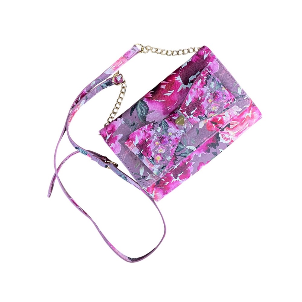 Betsey Johnson Floral‎ Bow Crossbody Bag Pink Purple Faux Leather Clutch